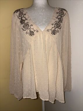 azelhazel Women’s Embellished V-Neck Swiss Dot Blouse - Cream Sz L